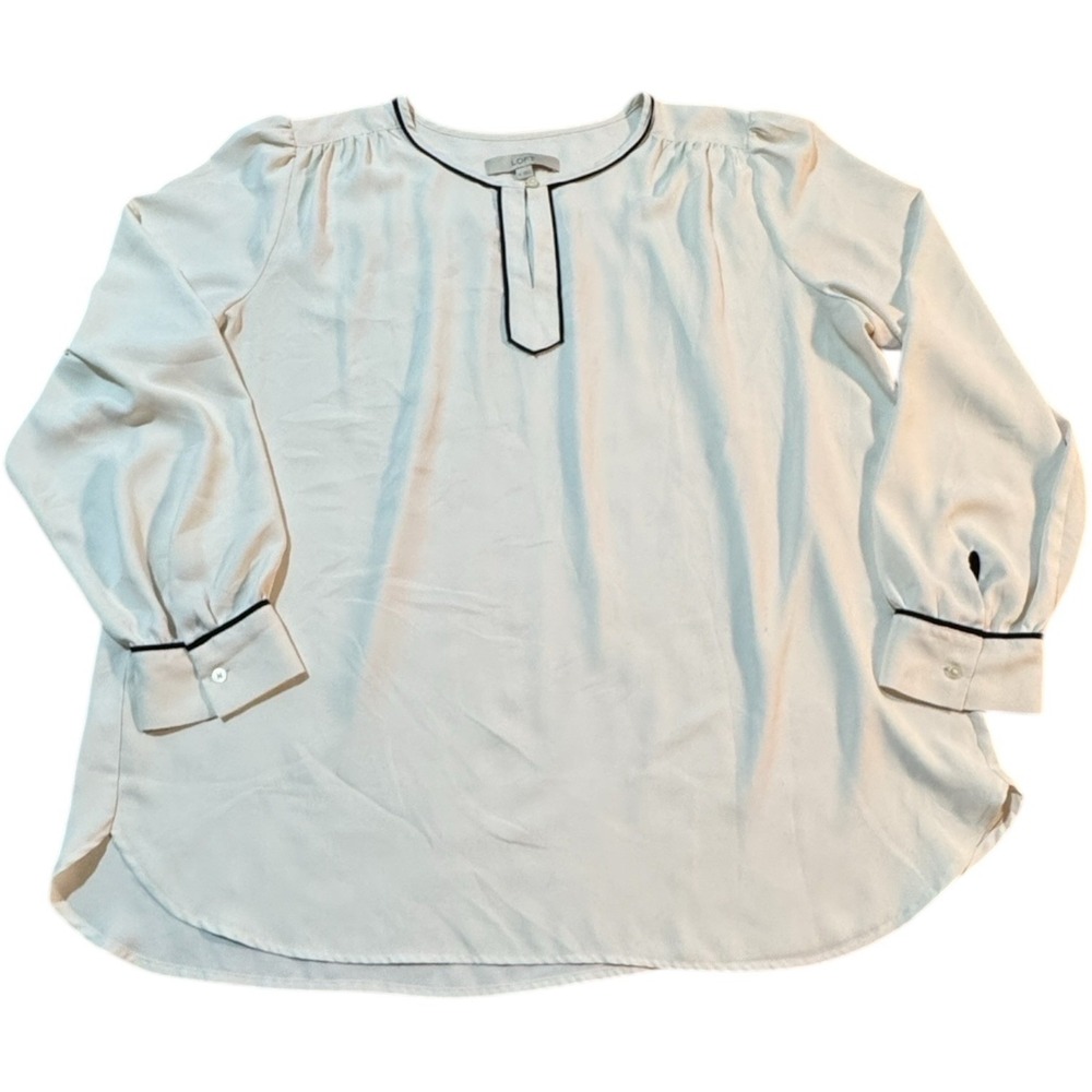 LOFT Beige/Creme Black Piping Long Sleeve Blouse‎ Women's Size XL Silky Feel